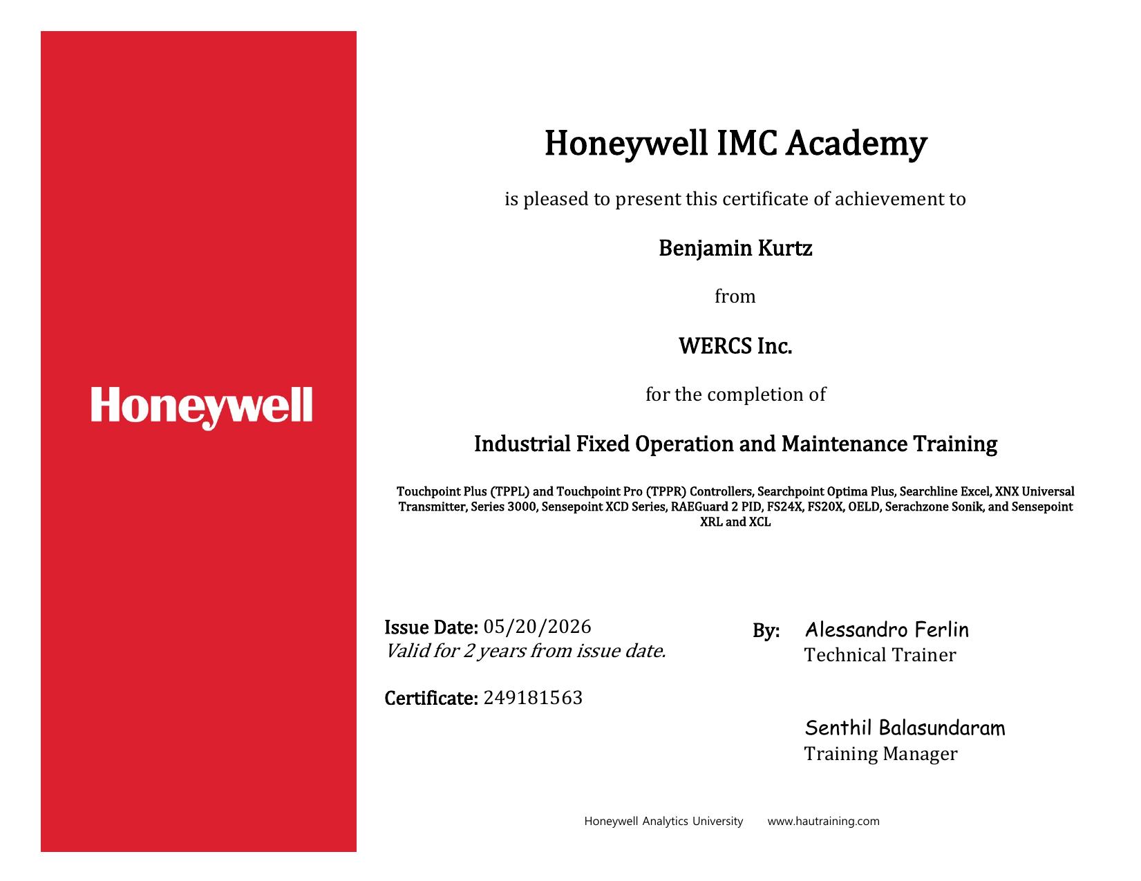 Industrial Fixed Operation and Maintenance Training - Honeywell IMC Academy certificate #249181563