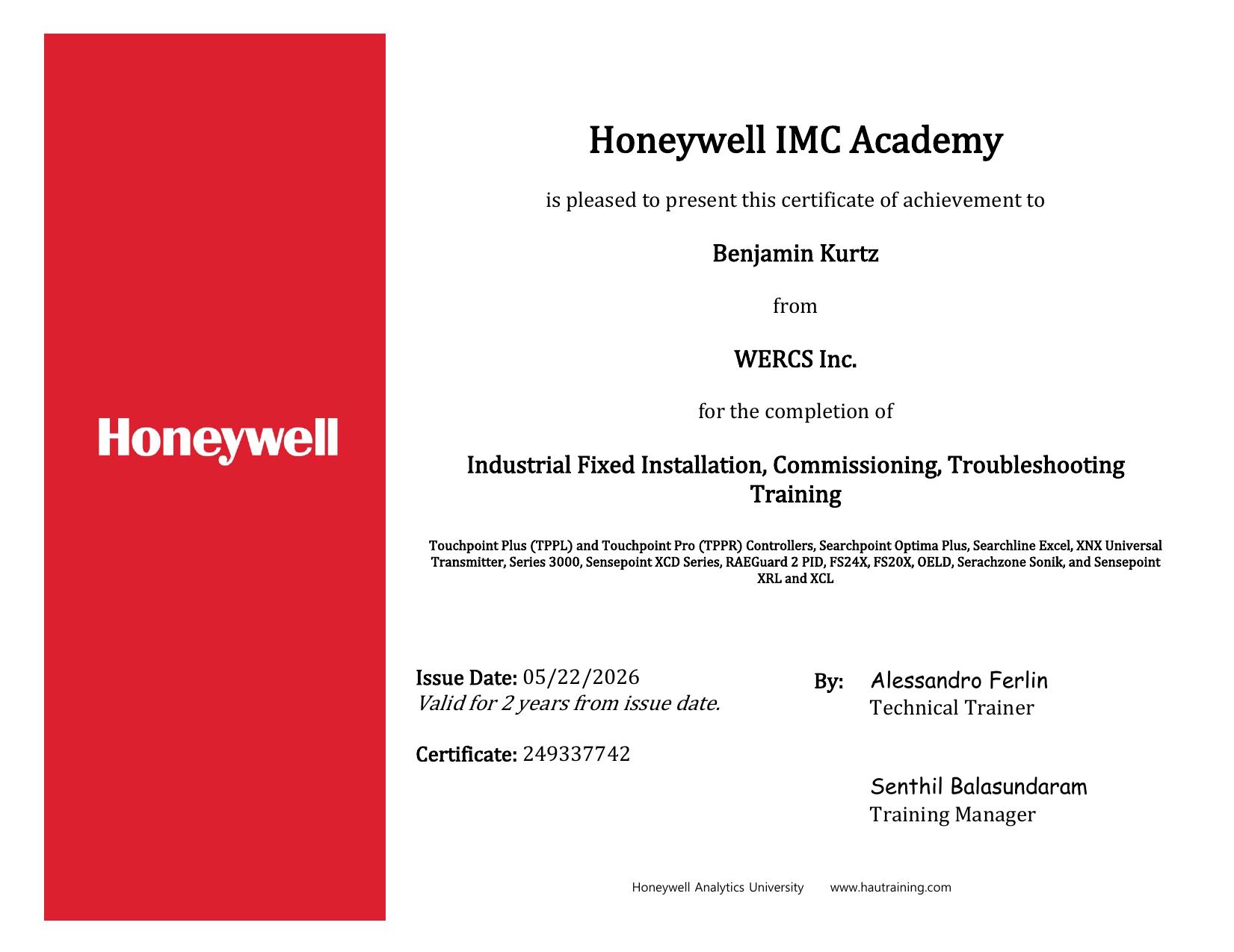 Industrial Fixed Installation, Commissioning, Troubleshooting Training - Honeywell IMC Academy certificate #249337742